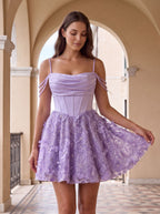 Lilac Sequins A-Line Cowl Neck Back Zip Short Dress with 3D Flowers - Curvevia