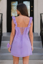 Lilac Sheath Chiffon V Neck Short Homecoming Dresses With Ruffles - Curvevia