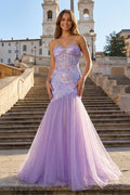 Lilac Sheath Sweetheart Tulle Pleated Long Prom Dresses With Beading - Curvevia
