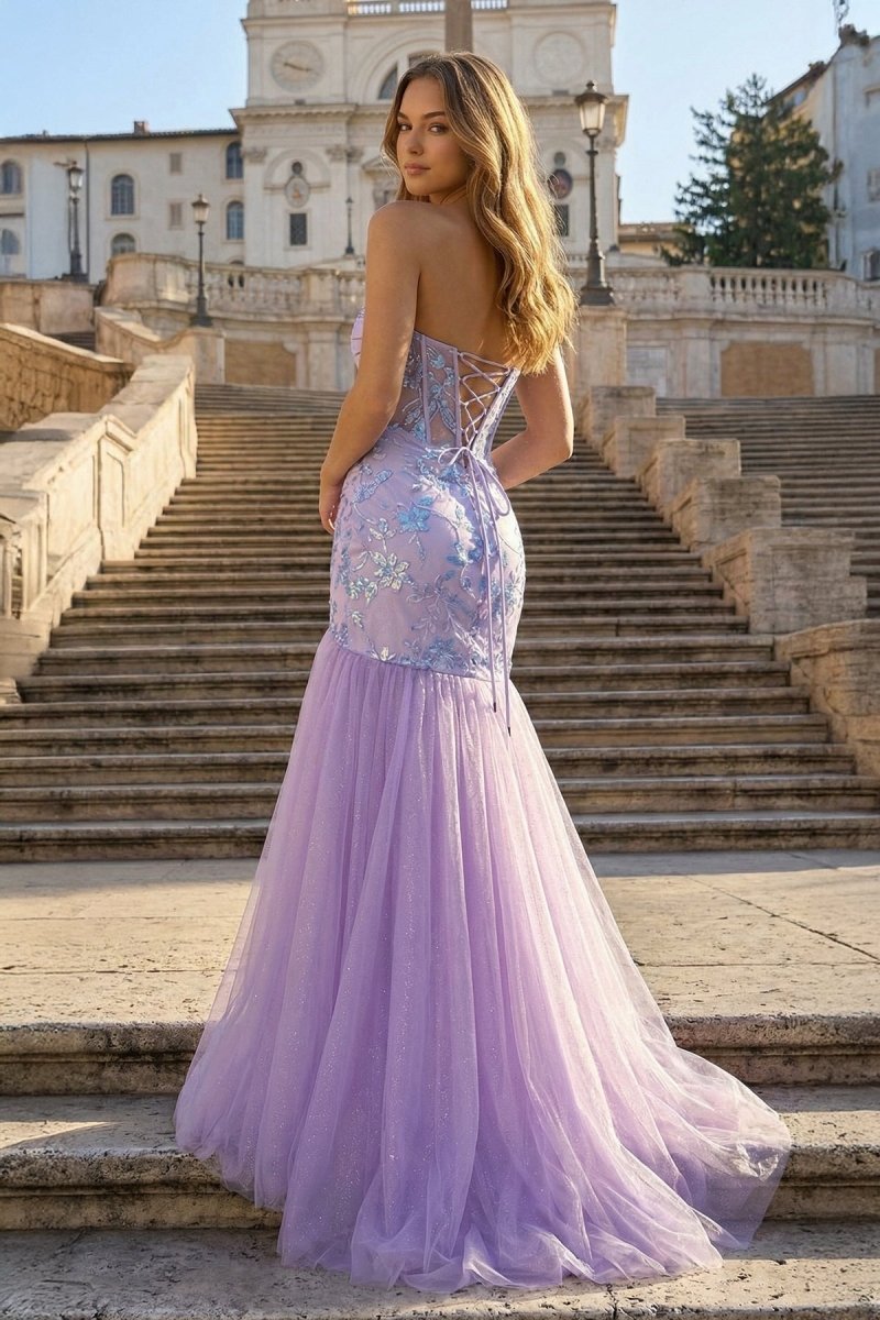 Lilac Sheath Sweetheart Tulle Pleated Long Prom Dresses With Beading - Curvevia