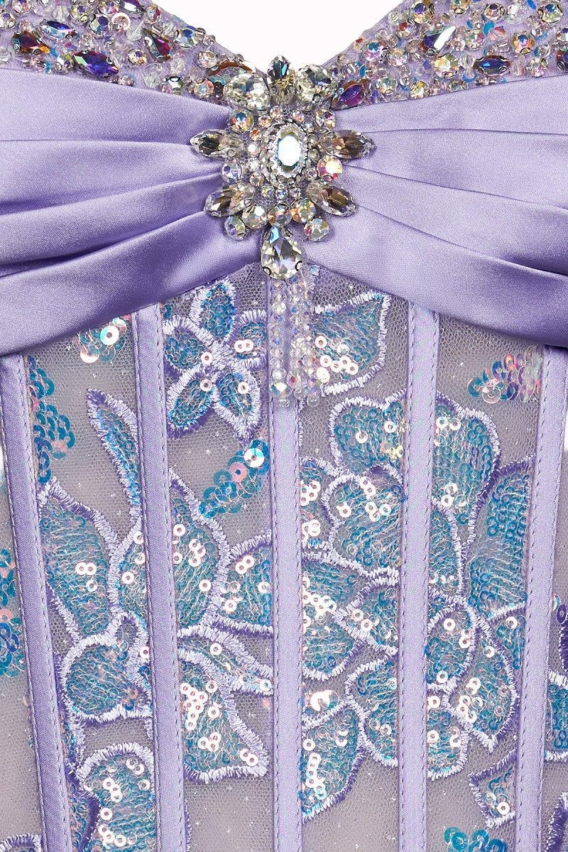 Lilac Sheath Sweetheart Tulle Pleated Long Prom Dresses With Beading - Curvevia