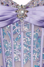 Lilac Sheath Sweetheart Tulle Pleated Long Prom Dresses With Beading - Curvevia