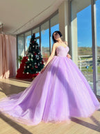 Lilac Tulle Ball Gown Beaded Long Prom Quinceanera Dresses - Curvevia