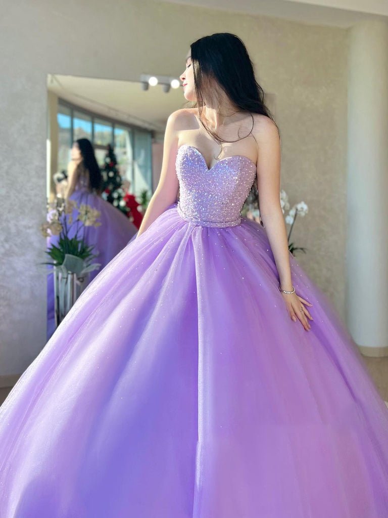 Lilac Tulle Ball Gown Beaded Long Prom Quinceanera Dresses - Curvevia