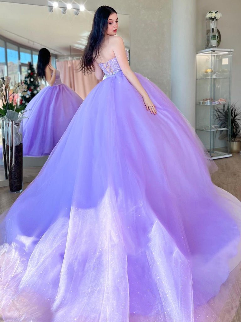 Lilac Tulle Ball Gown Beaded Long Prom Quinceanera Dresses - Curvevia