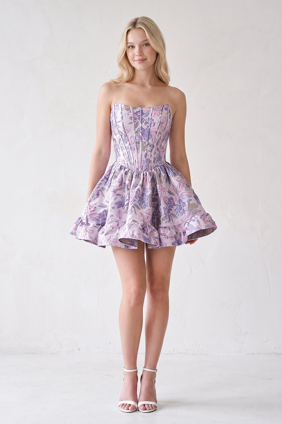 Purple Strapless A-Line Floral Wedding Guest Dress - Curvevia