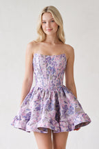 Purple Strapless A-Line Floral Wedding Guest Dress - Curvevia