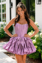 Strapless Black Beaded Short Homecoming Dress with Bow - Curvevia