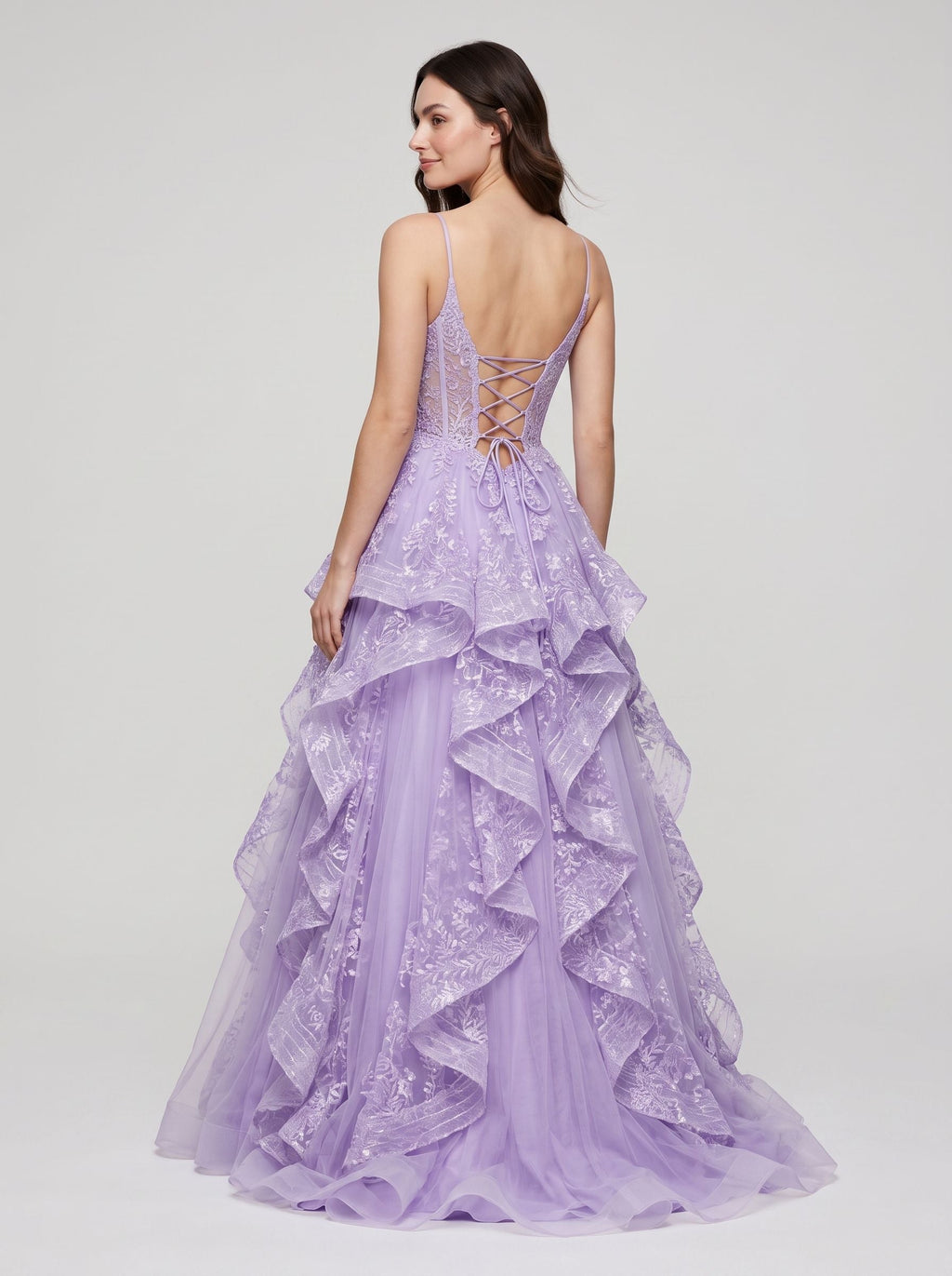 Lavender Tulle A-Line Sweetheart Lace-up Floor-Length Dress with Ruffles - Curvevia