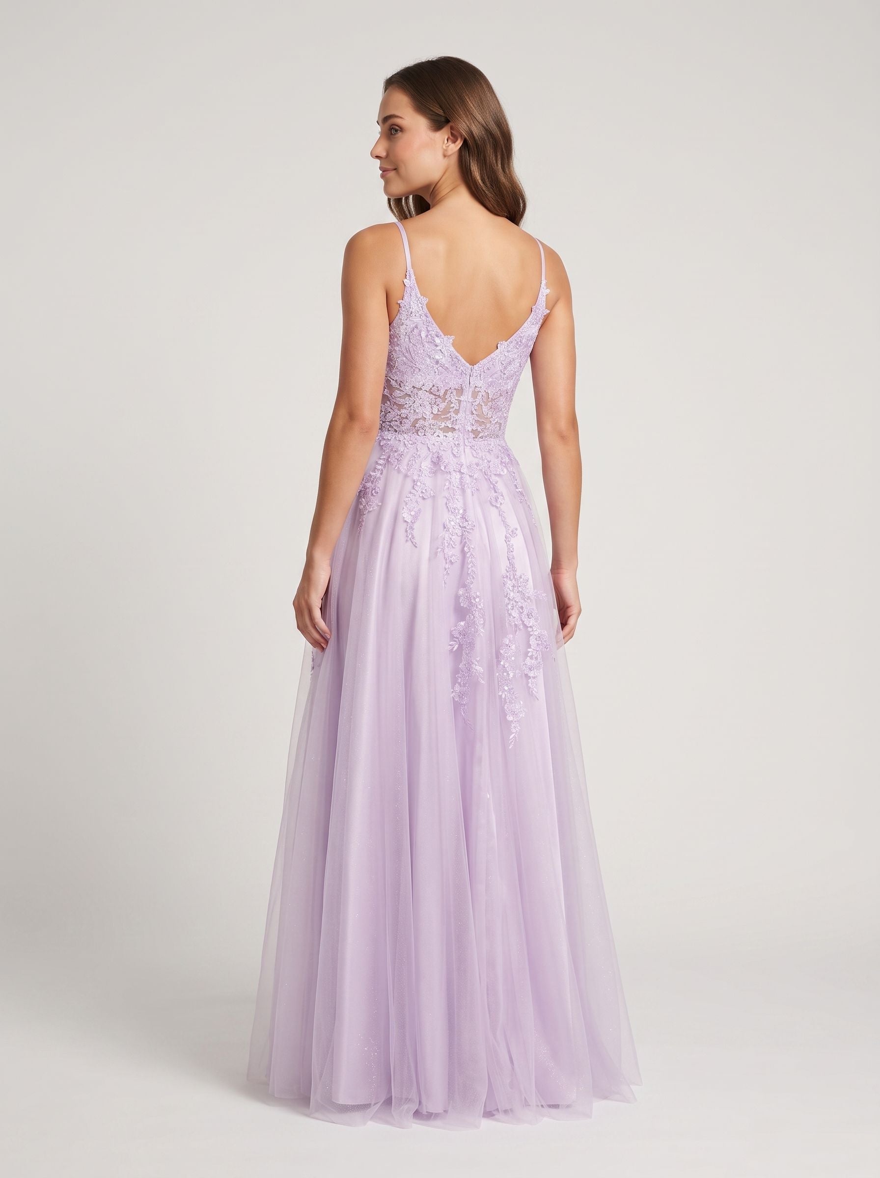 Lilac Tulle A-Line V-Neck Back Zip Floor-Length Dress with a High Slit - Curvevia