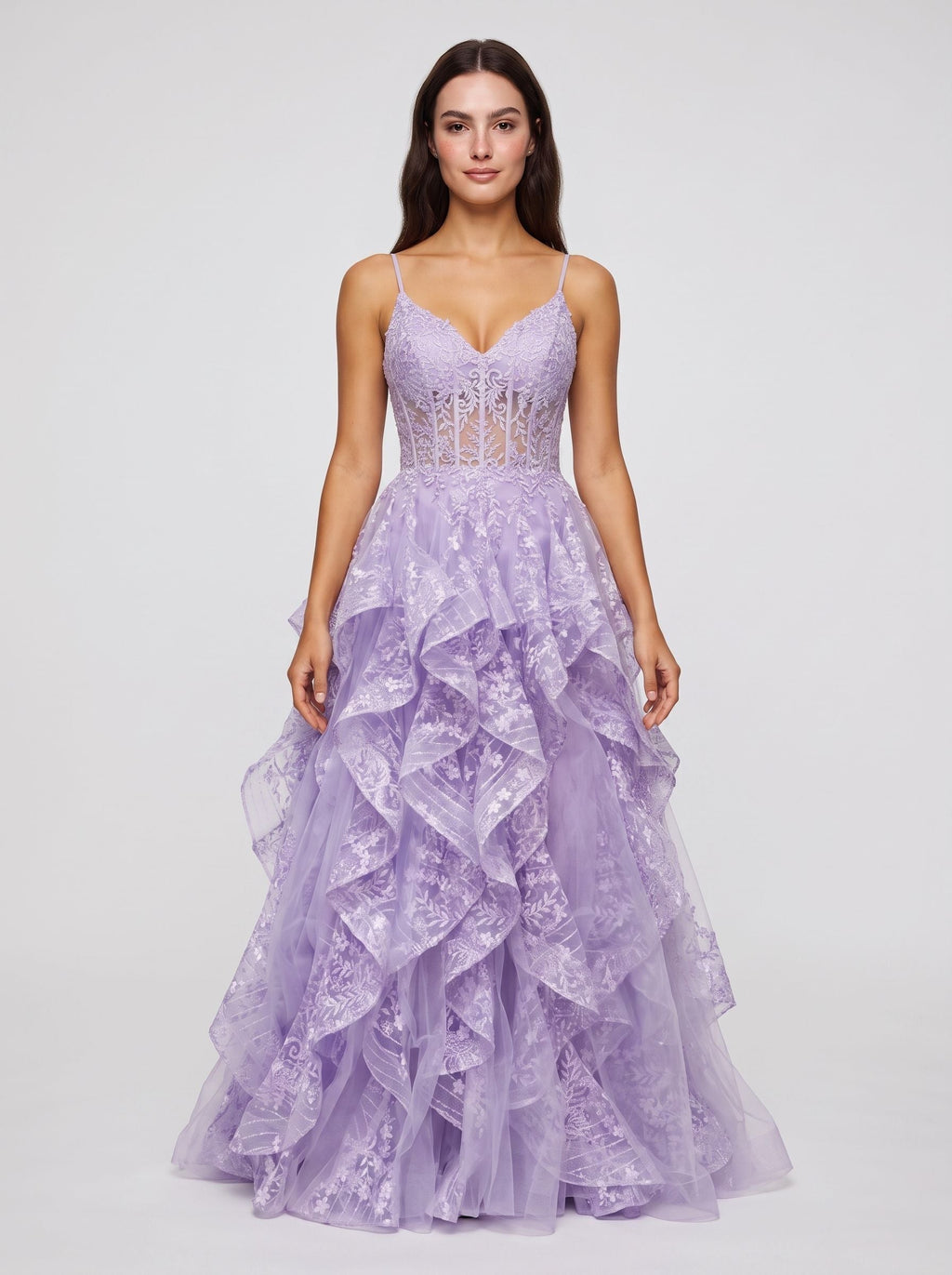 Lavender Tulle A-Line Sweetheart Lace-up Floor-Length Dress with Ruffles - Curvevia