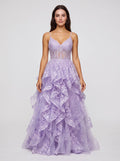 Lavender Tulle A-Line Sweetheart Lace-up Floor-Length Dress with Ruffles - Curvevia