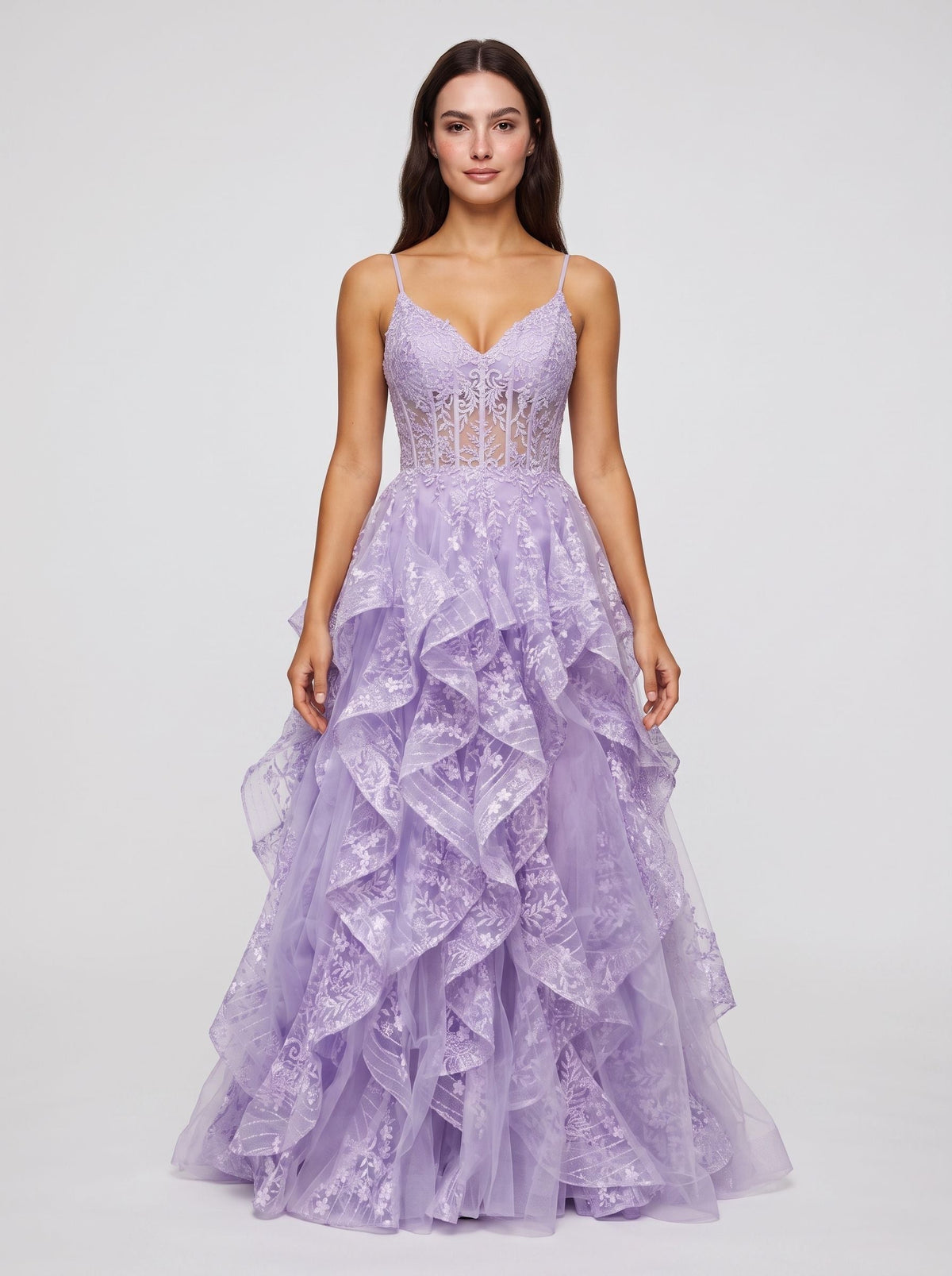 Lavender Tulle A-Line Sweetheart Lace-up Floor-Length Dress with Ruffles - Curvevia