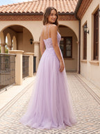 Lilac Tulle A-Line V-Neck Back Zip Floor-Length Dress with a High Slit - Curvevia