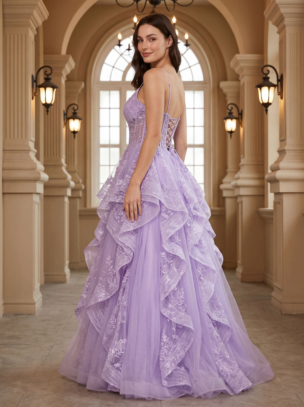 Lavender Tulle A-Line Sweetheart Lace-up Floor-Length Dress with Ruffles - Curvevia