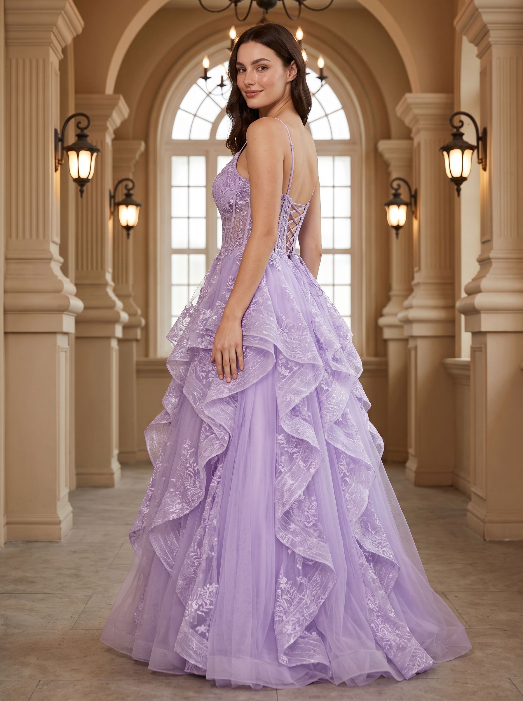 Lavender Tulle A-Line Sweetheart Lace-up Floor-Length Dress with Ruffles - Curvevia