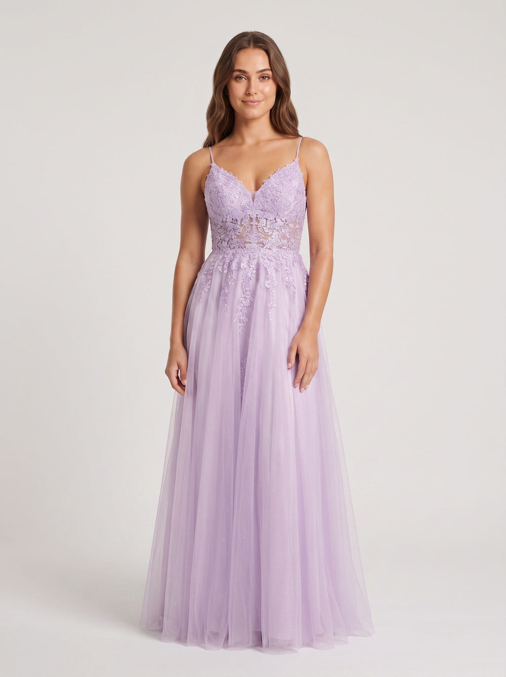 Lilac Tulle A-Line V-Neck Back Zip Floor-Length Dress with a High Slit - Curvevia