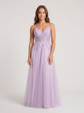 Lilac Tulle A-Line V-Neck Back Zip Floor-Length Dress with a High Slit - Curvevia