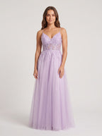 Lilac Tulle A-Line V-Neck Back Zip Floor-Length Dress with a High Slit - Curvevia