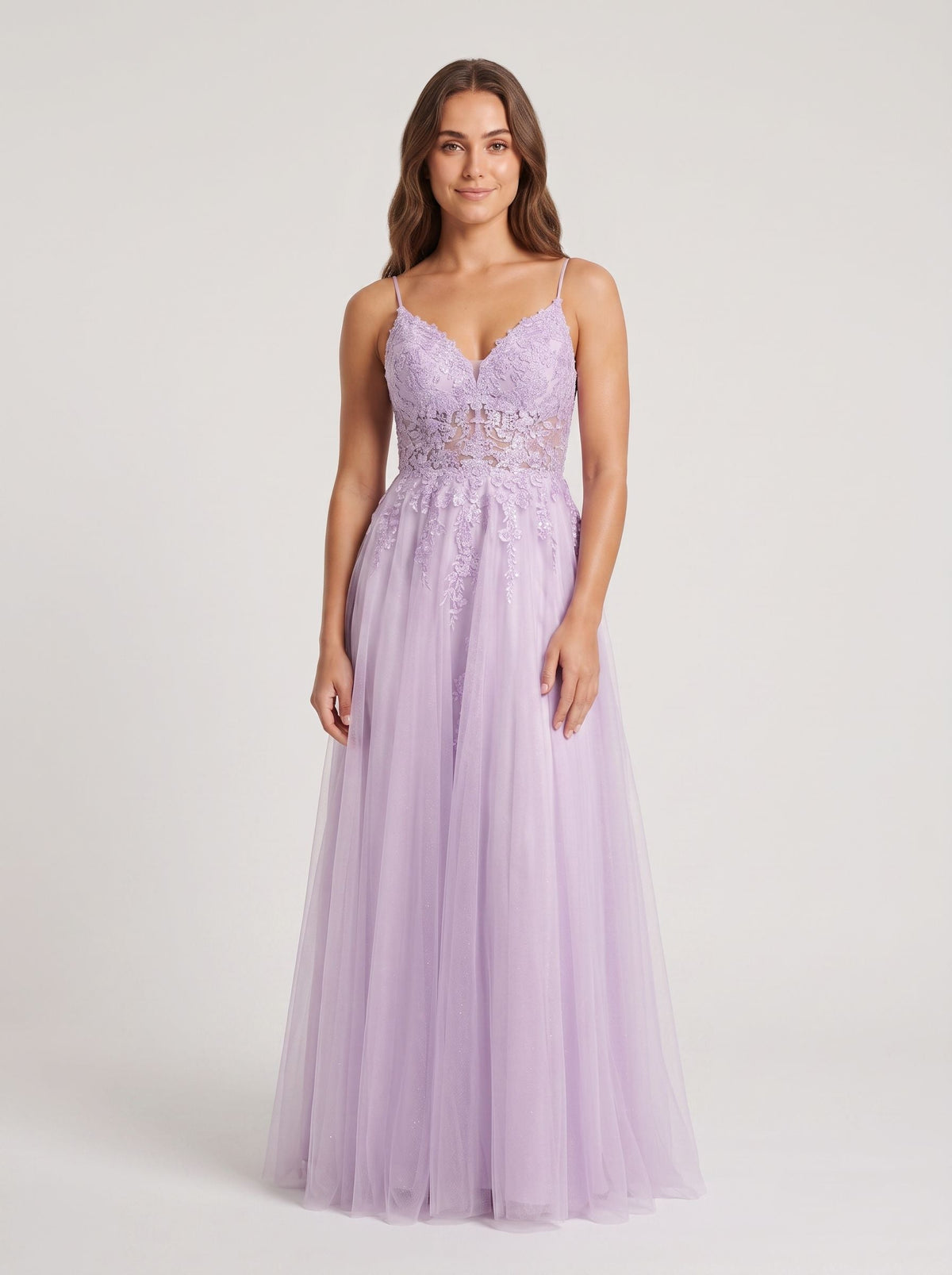 Lilac Tulle A-Line V-Neck Back Zip Floor-Length Dress with a High Slit - Curvevia