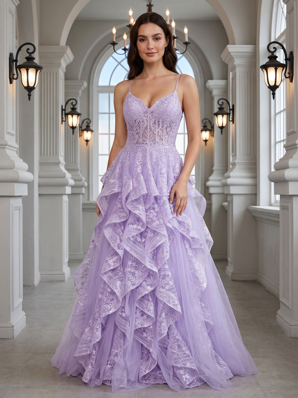 Lavender Tulle A-Line Sweetheart Lace-up Floor-Length Dress with Ruffles - Curvevia