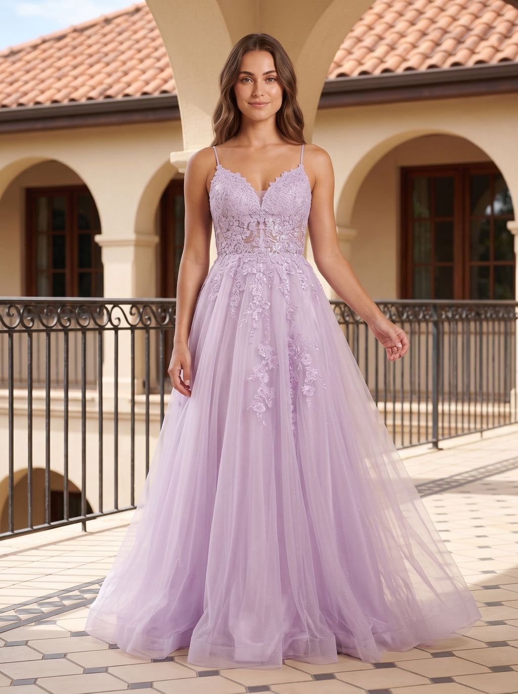 Lilac Tulle A-Line V-Neck Back Zip Floor-Length Dress with a High Slit - Curvevia