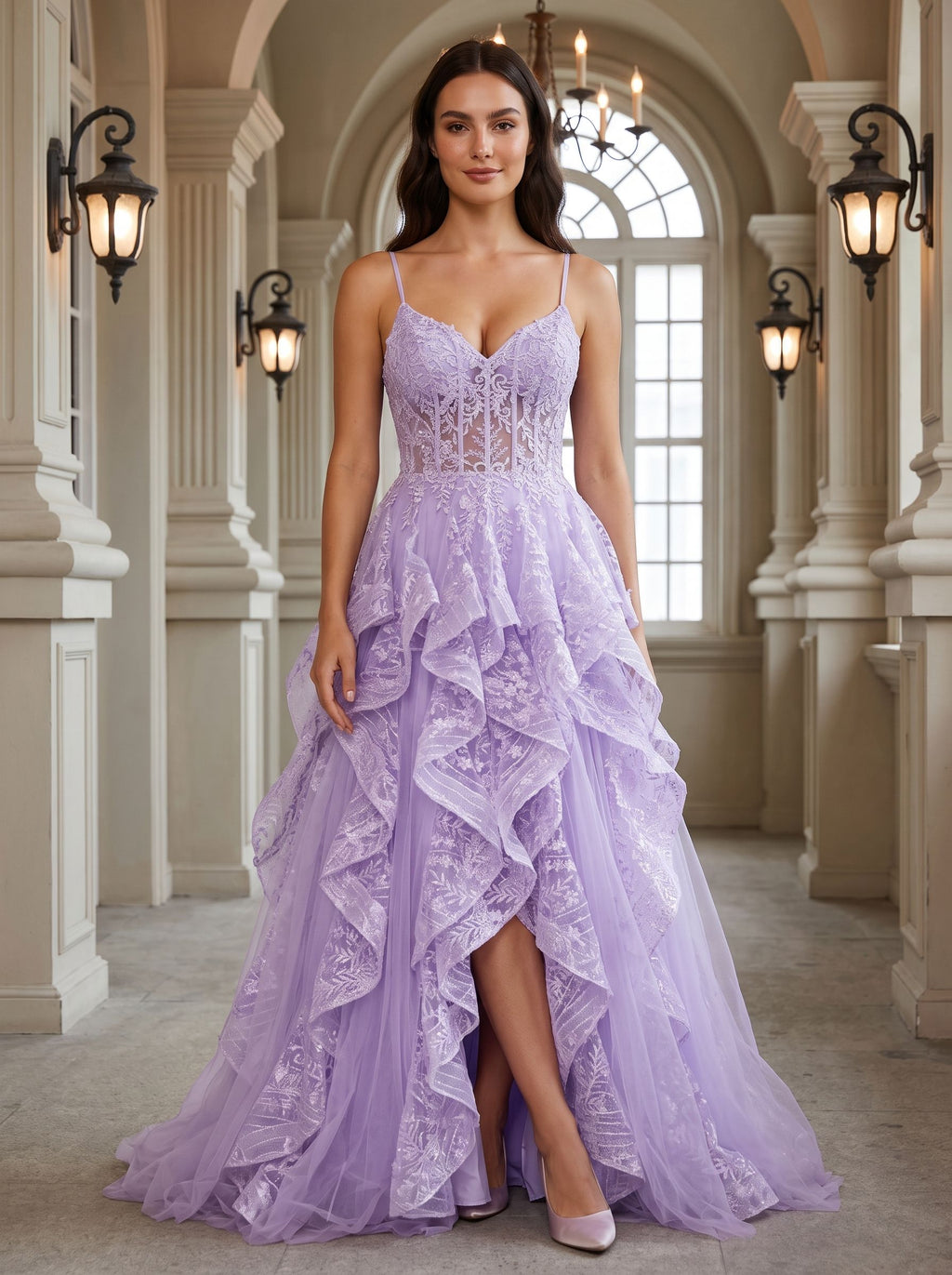 Lavender Tulle A-Line Sweetheart Lace-up Floor-Length Dress with Ruffles - Curvevia