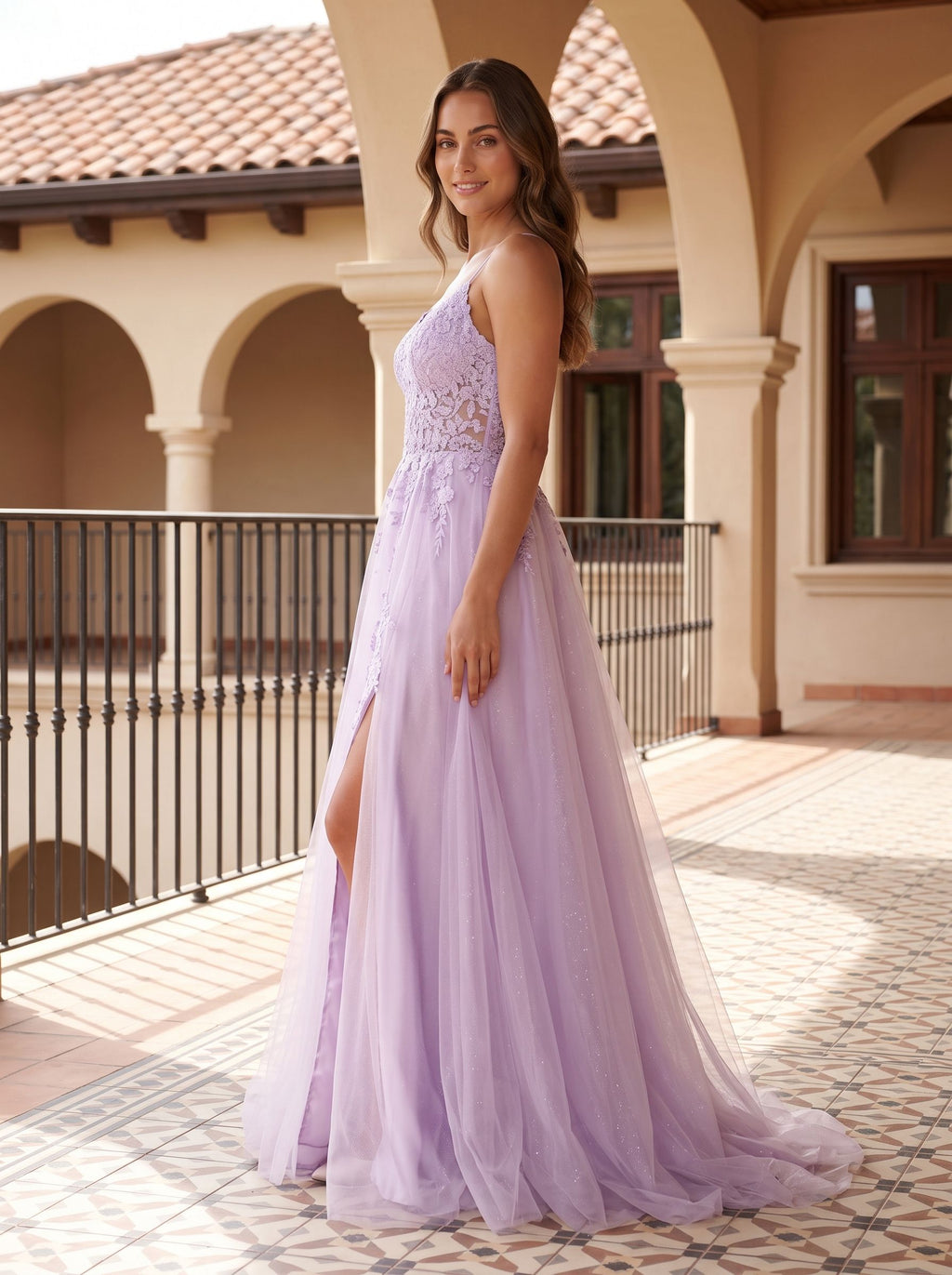 Lilac Tulle A-Line V-Neck Back Zip Floor-Length Dress with a High Slit - Curvevia