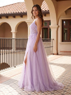 Lilac Tulle A-Line V-Neck Back Zip Floor-Length Dress with a High Slit - Curvevia