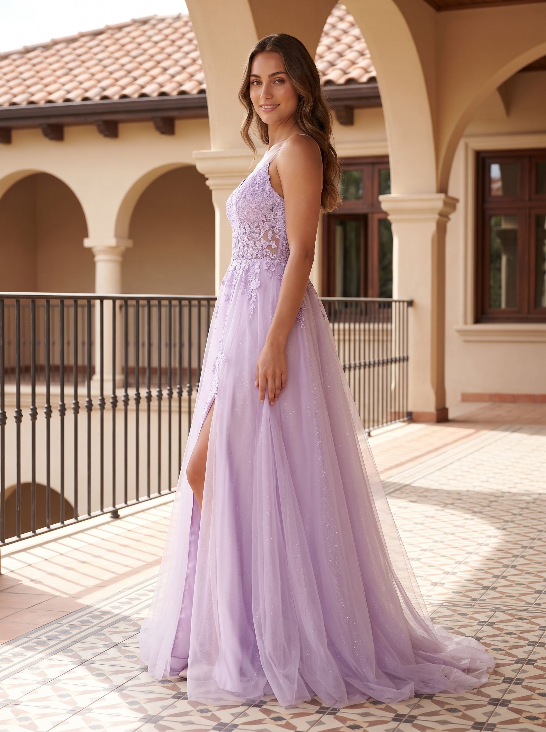 Lilac Tulle A-Line V-Neck Back Zip Floor-Length Dress with a High Slit - Curvevia