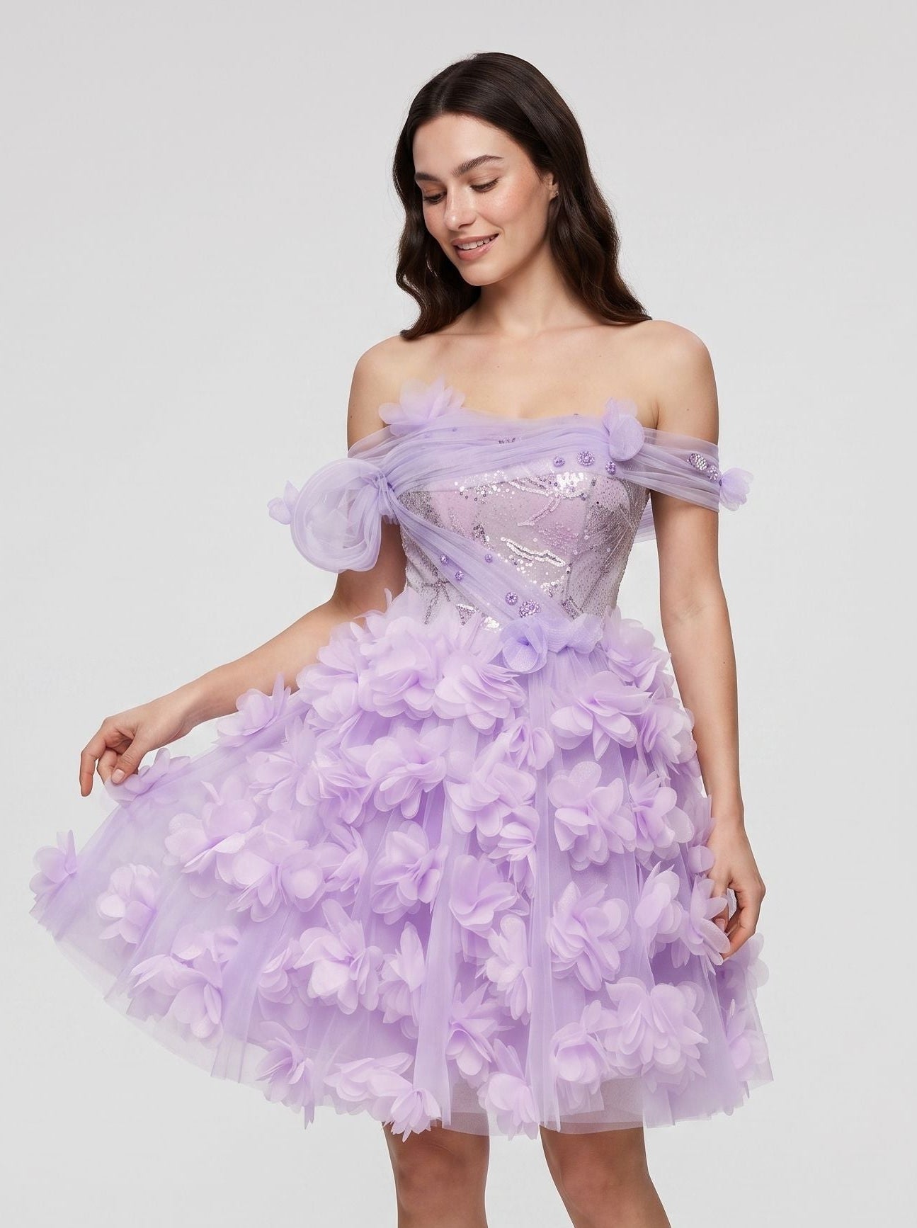Lilac Tulle A-Line Off-the-Shoulder Criss-Cross Straps Short Dress with 3D Floral - Curvevia