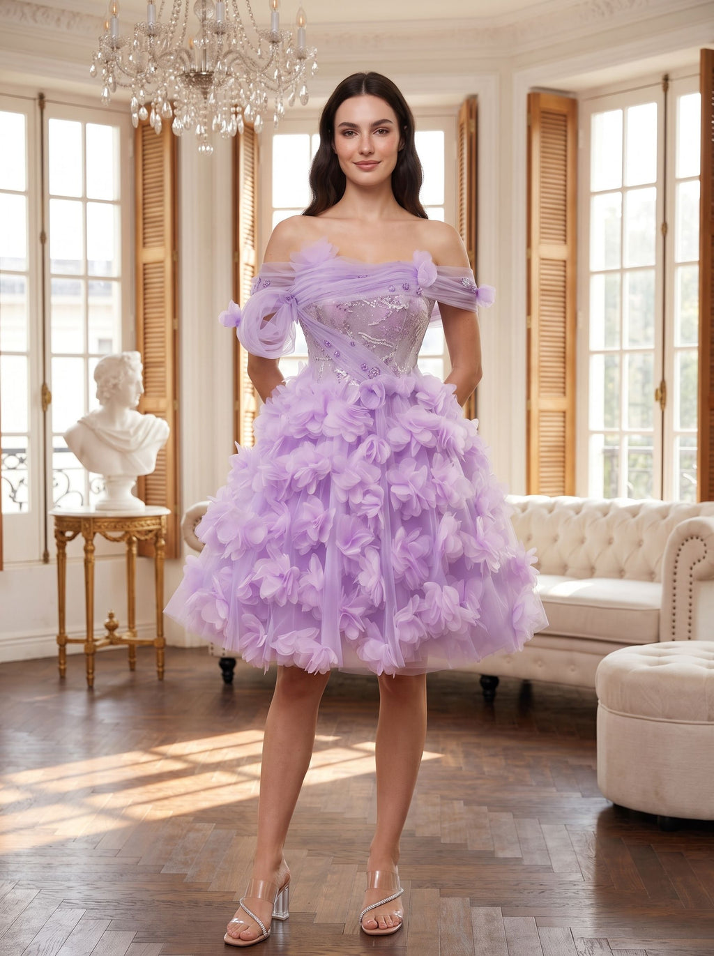 Lilac Tulle A-Line Off-the-Shoulder Criss-Cross Straps Short Dress with 3D Floral - Curvevia