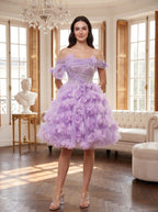 Lilac Tulle A-Line Off-the-Shoulder Criss-Cross Straps Short Dress with 3D Floral - Curvevia