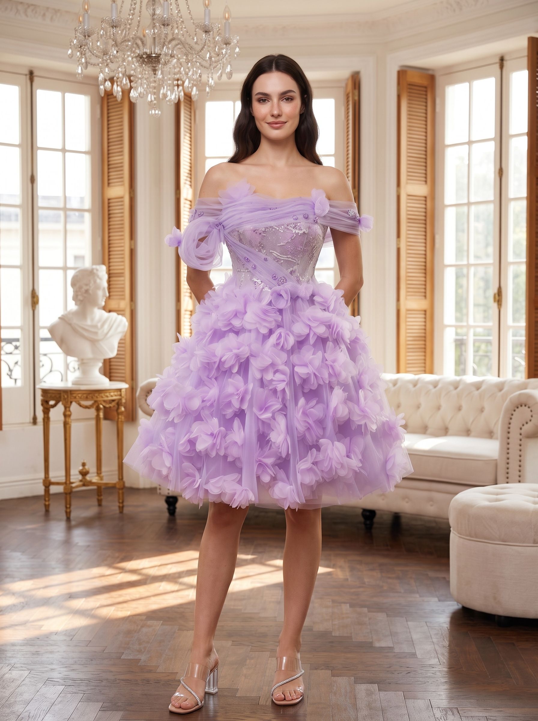 Lilac Tulle A-Line Off-the-Shoulder Criss-Cross Straps Short Dress with 3D Floral - Curvevia