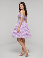 Lilac Tulle A-Line Off-the-Shoulder Criss-Cross Straps Short Dress with 3D Floral - Curvevia