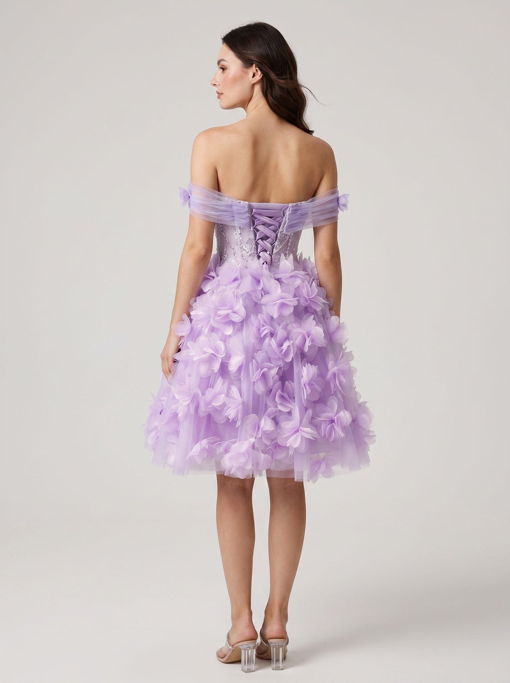 Lilac Tulle A-Line Off-the-Shoulder Criss-Cross Straps Short Dress with 3D Floral - Curvevia