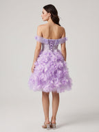 Lilac Tulle A-Line Off-the-Shoulder Criss-Cross Straps Short Dress with 3D Floral - Curvevia