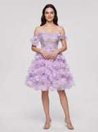 Lilac Tulle A-Line Off-the-Shoulder Criss-Cross Straps Short Dress with 3D Floral - Curvevia