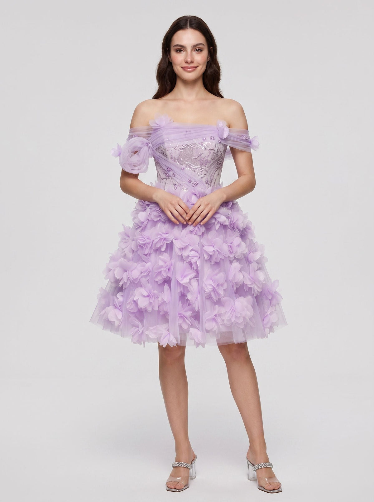 Lilac Tulle A-Line Off-the-Shoulder Criss-Cross Straps Short Dress with 3D Floral - Curvevia