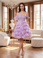Lilac Tulle A-Line Off-the-Shoulder Criss-Cross Straps Short Dress with 3D Floral - Curvevia