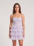 Lilac Tulle A-Line Straight Neck Back Zip Short Dress with Tiered Ruffles - Curvevia