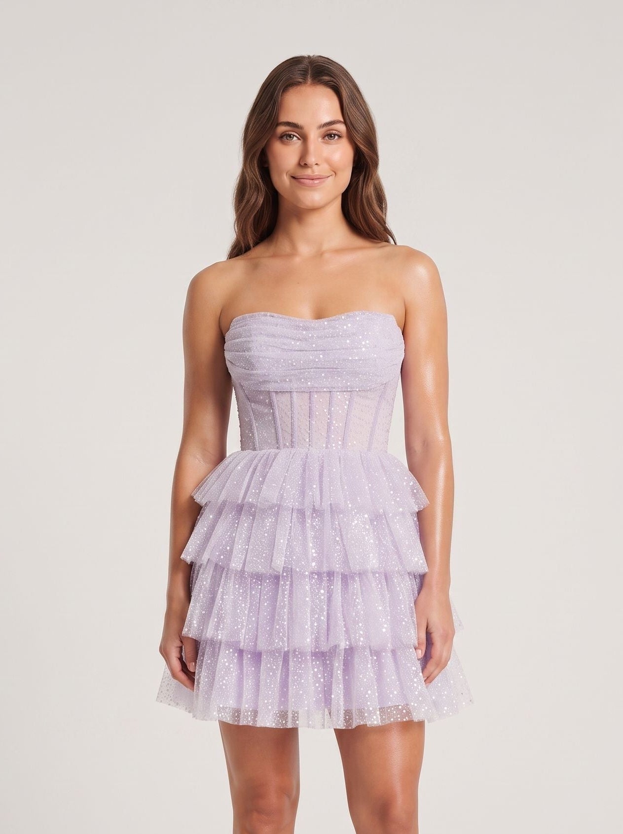 Lilac Tulle A-Line Straight Neck Back Zip Short Dress with Tiered Ruffles - Curvevia