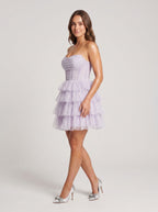Lilac Tulle A-Line Straight Neck Back Zip Short Dress with Tiered Ruffles - Curvevia