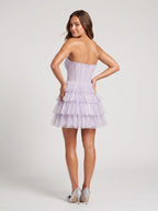 Lilac Tulle A-Line Straight Neck Back Zip Short Dress with Tiered Ruffles - Curvevia