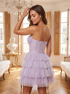 Lilac Tulle A-Line Straight Neck Back Zip Short Dress with Tiered Ruffles - Curvevia