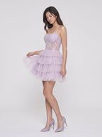 Lilac Tulle A-Line Straight Neck Back Zip Short Dress with Tiered Skirt - Curvevia