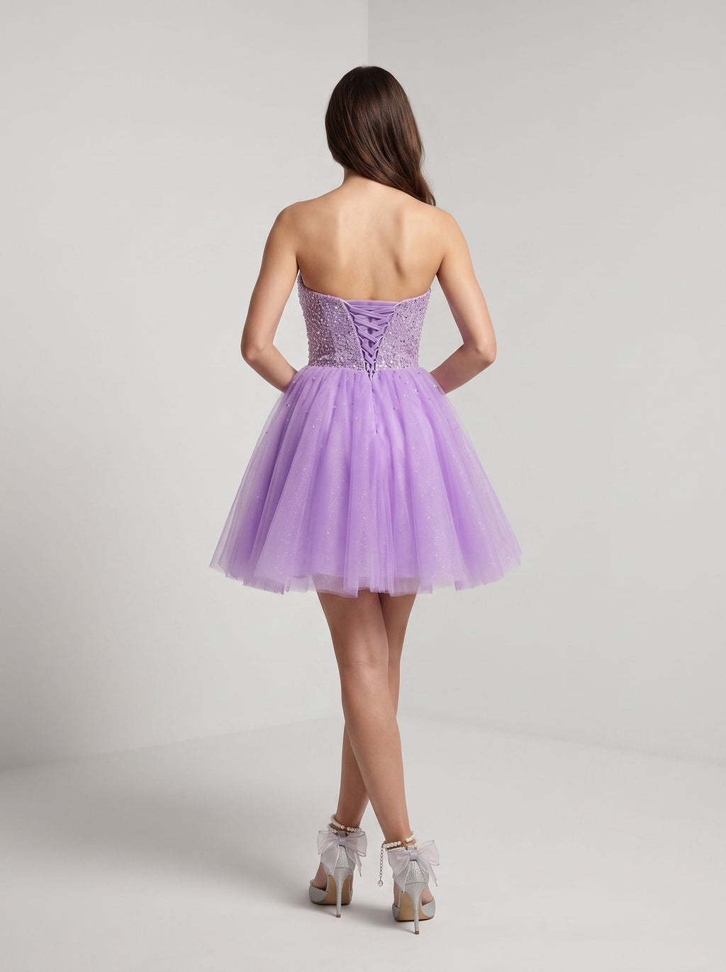 Purple Tulle A-Line Sweetheart Lace-up Short Dress with Sequins - Curvevia