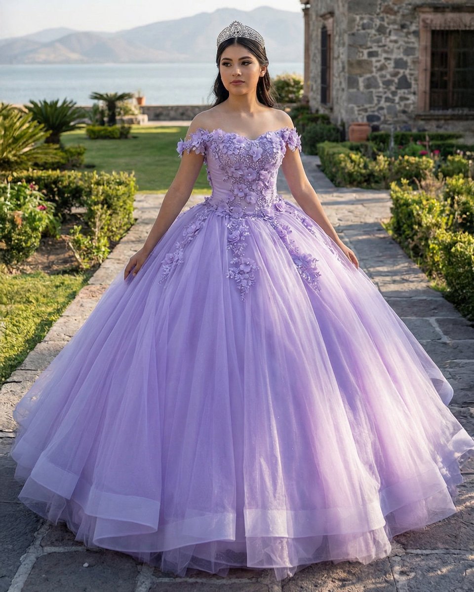 Lilac Tulle Appliques Quinceanera Ball Gown Dress - Curvevia