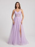 Lilac Tulle A-Line V-Neck Lace-up Floor-Length Dress with Sheer Corset Bodice and Side Slit - Curvevia