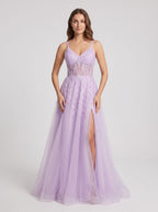 Lilac Tulle A-Line V-Neck Lace-up Floor-Length Dress with Sheer Corset Bodice and Side Slit - Curvevia